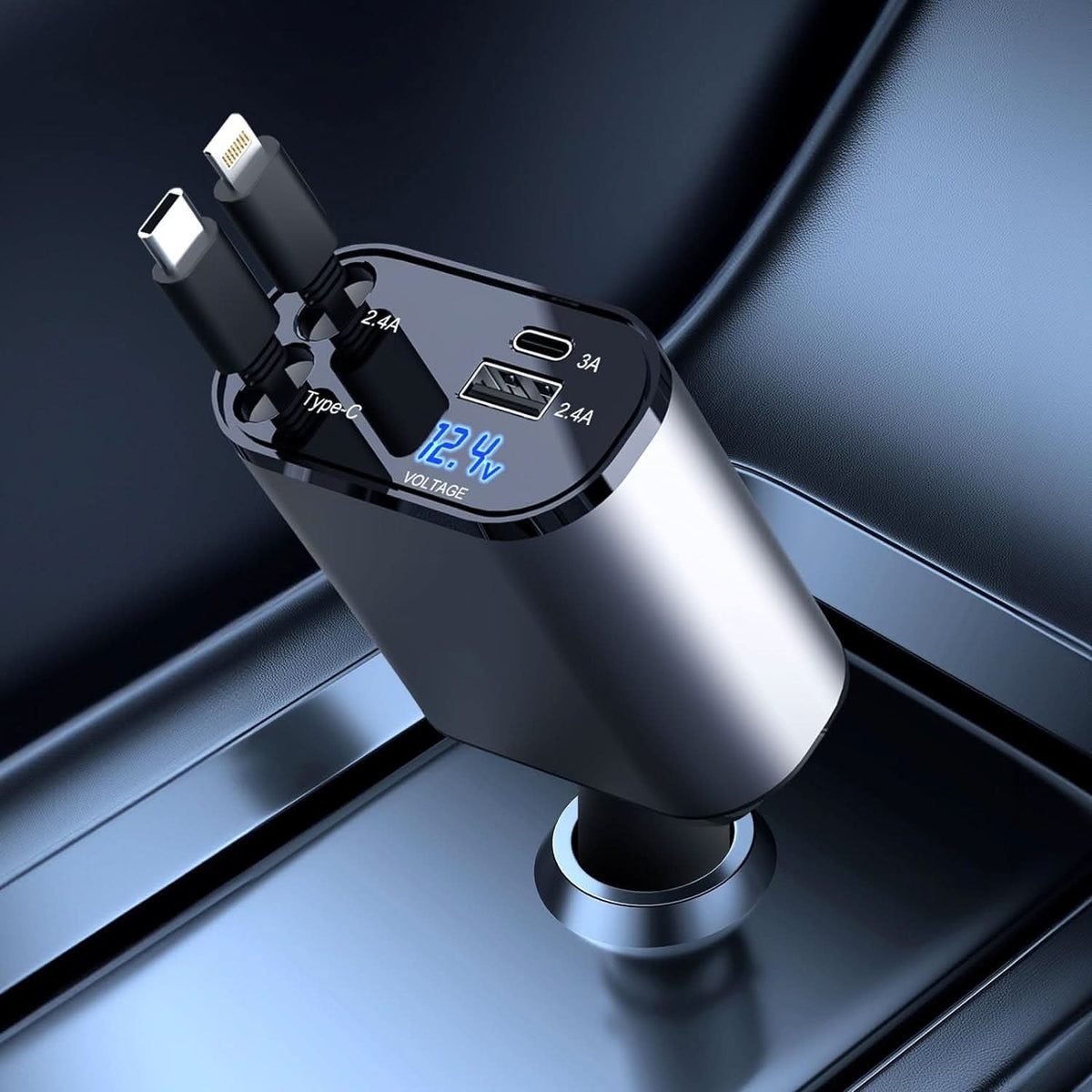 Carregador de carro rápido com porta USB dupla inteligente 4-em-1 